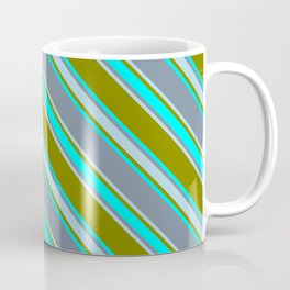 [ Thumbnail: Green, Cyan, Light Slate Gray & Light Blue Colored Stripes Pattern Coffee Mug ]