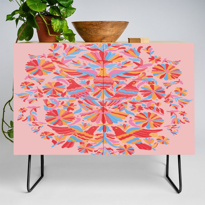 Mexican otomí colorful bird pastel pink embroidery kawaii impressive composition Credenza