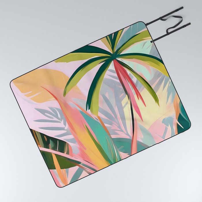 Tropical Jewels, Pastel Jungle Botanical Pastel, Bohemian Eclectic Plants Palms, Exotic Forest Nature Painting Picnic Blanket