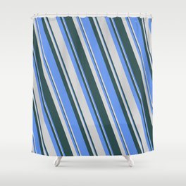 [ Thumbnail: Cornflower Blue, Light Grey & Dark Slate Gray Colored Lines/Stripes Pattern Shower Curtain ]