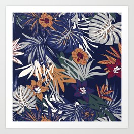 Beautiful vintage Floral pattern in the many kind of flowers. Tropical botanical Motifs scattered random. Seamless vintage texture. Fashion designs. designing with in hand drawn style on stylish navy Art Print | Abstract, Background, Blue, Watercolorvintage, Retro, Leaf, Print, Tropical, Botanical, Pattern 