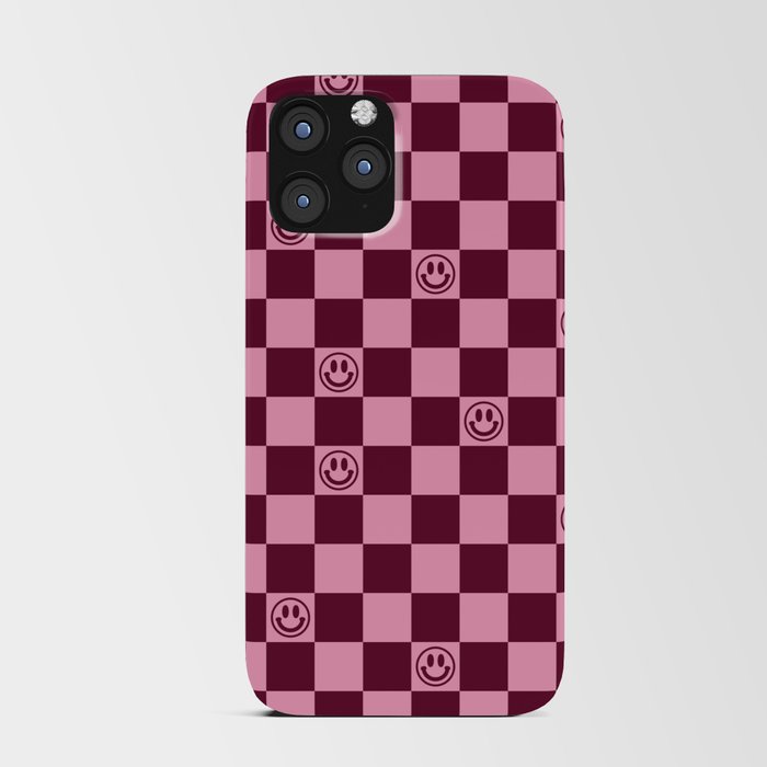 Smiley Faces On Checkerboard (Pink & Wine Burgundy)  iPhone Card Case