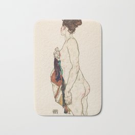 Standing Nude woman with a Patterned Robe (1917) Bath Mat | Queer Art, Schiele, Sketch, Nude Dancer, Watercolor, Egon Schiele, Nude, Nude Line Art, Lesbian Art, Lgbt 