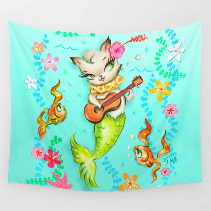 Mermaid Cat with Ukulele Wall Tapestry