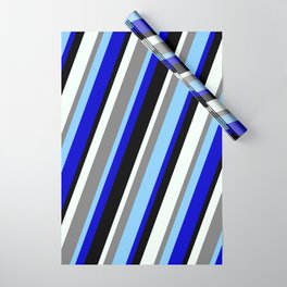 [ Thumbnail: Vibrant Gray, Light Sky Blue, Blue, Black, and Mint Cream Colored Lines Pattern Wrapping Paper ]