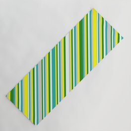 [ Thumbnail: Eyecatching Yellow, Forest Green, Mint Cream, Light Sea Green, and Light Grey Colored Lined Pattern Yoga Mat ]