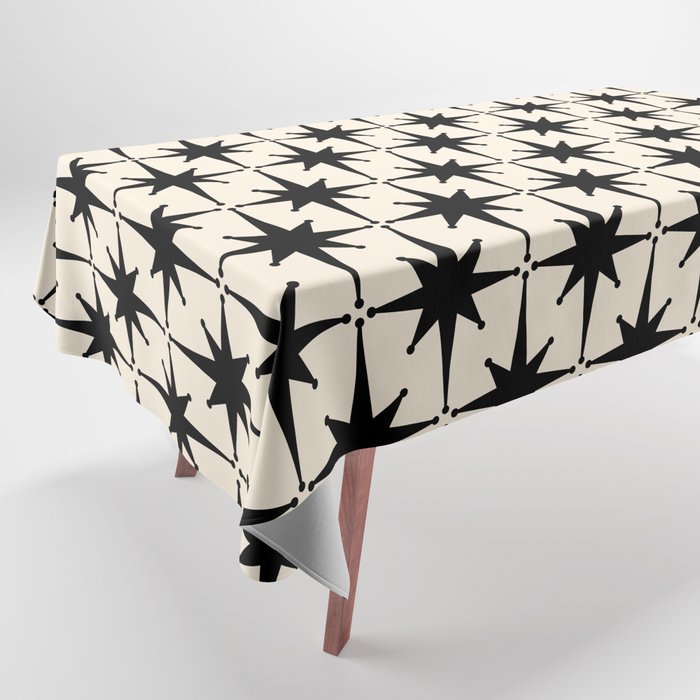Midcentury Modern Atomic Age Starburst Pattern in Black and Almond Cream Tablecloth
