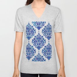 Blue and White Watercolor Damask V Neck T Shirt