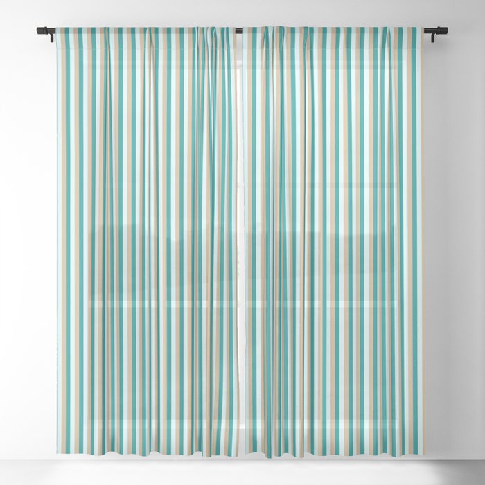 Tan, Dark Cyan, and Light Cyan Colored Striped Pattern Sheer Curtain