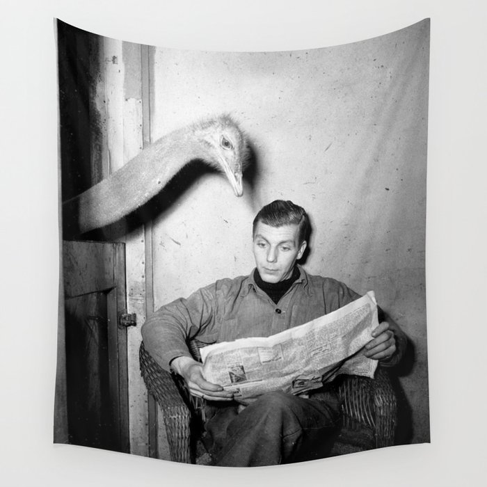 Humorous ostrich reading newspaper over man's back vintage black and white photograph - photography - photographs Wall Tapestry