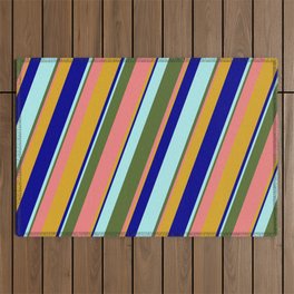 [ Thumbnail: Colorful Dark Olive Green, Light Coral, Goldenrod, Dark Blue, and Turquoise Colored Lined Pattern Outdoor Rug ]