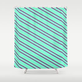 [ Thumbnail: Aquamarine, Brown, and Dark Violet Colored Pattern of Stripes Shower Curtain ]