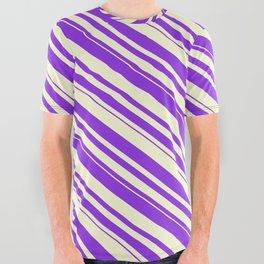 [ Thumbnail: Purple & Light Yellow Colored Stripes/Lines Pattern All Over Graphic Tee ]