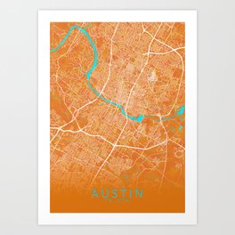 Austin, TX, USA, Gold, Blue, City, Map Art Print