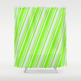 [ Thumbnail: Green & Lavender Colored Striped/Lined Pattern Shower Curtain ]