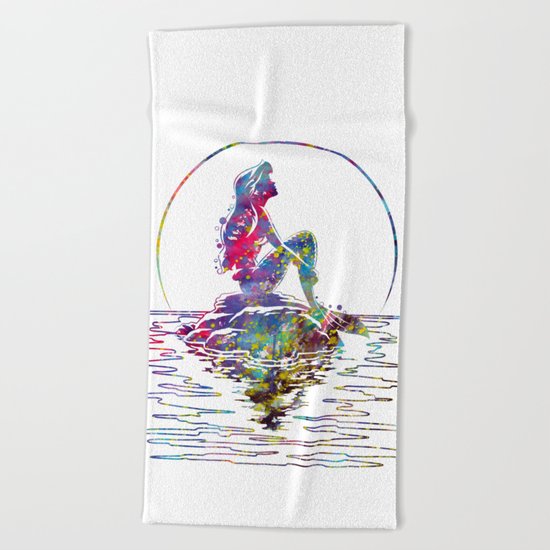 The Little Mermaid Ariel Silhouette Watercolor Beach Towel