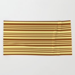 [ Thumbnail: Brown and Tan Colored Stripes/Lines Pattern Beach Towel ]
