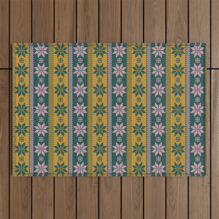 Fair Isle Knitted Snowflake Pattern in Mustard, Blush Pink and Green Outdoor Rug