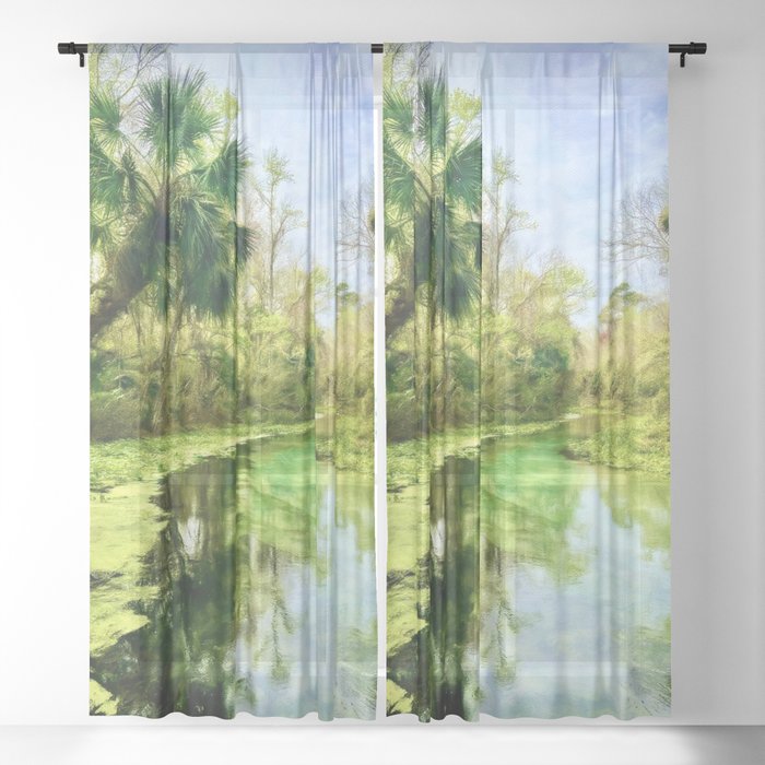 Blue Green Springs and Palm Trees Sheer Curtain