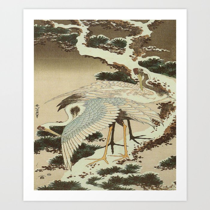 hokusai – two crane on a pine -bird,beak,plum,nature Art Print