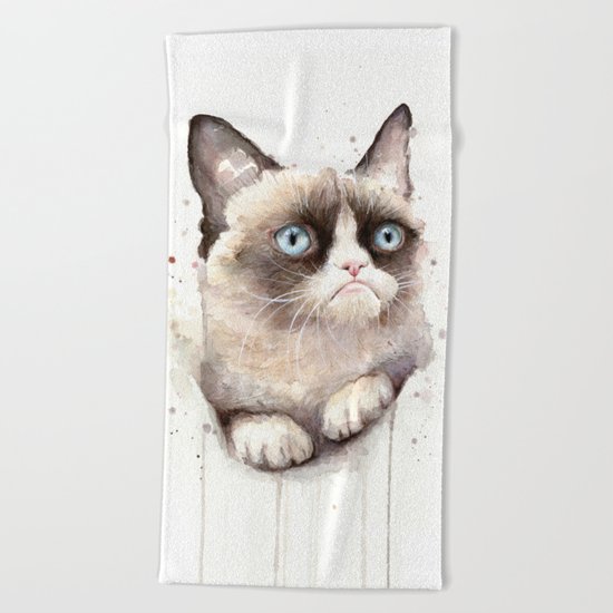 Grumpy Watercolor Cat Animals Meme Geek Art Beach Towel