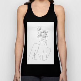 Minimal Line Art Woman with Flowers Unisex Tanktop