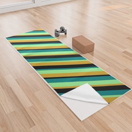 [ Thumbnail: Green, Goldenrod, Black, and Teal Colored Lined/Striped Pattern Yoga Towel ]