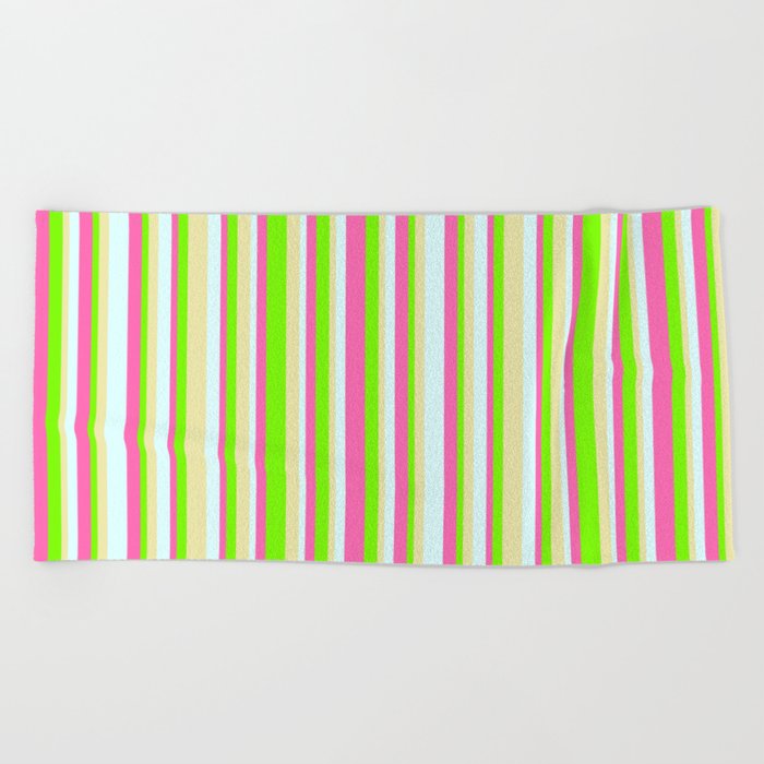 Green, Pale Goldenrod, Light Cyan, and Hot Pink Colored Lined/Striped Pattern Beach Towel