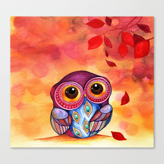 Owl's First Fall Leaf Canvas Print
