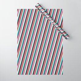 [ Thumbnail: Eyecatching Dark Turquoise, Maroon, Plum, Sienna, and White Colored Lines Pattern Wrapping Paper ]