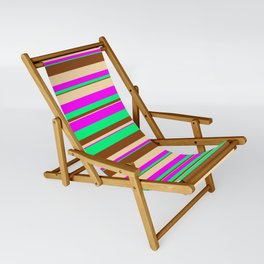 [ Thumbnail: Tan, Fuchsia, Green & Brown Colored Striped Pattern Sling Chair ]