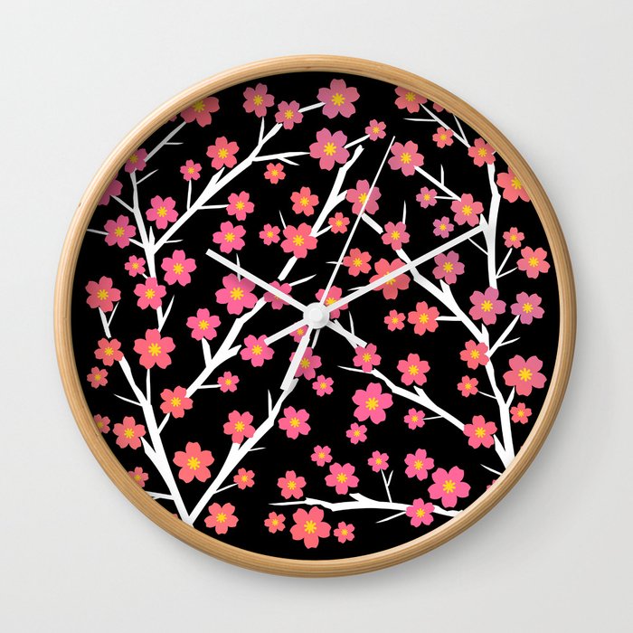 Blooming - coral on black 1 Wall Clock