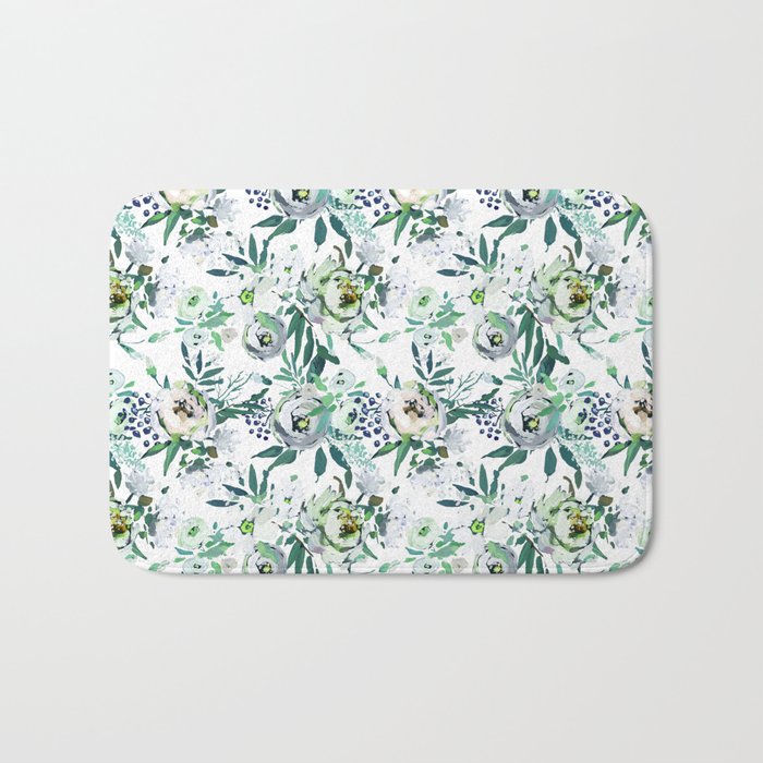 Country white green rustic watercolor floral Bath Mat
