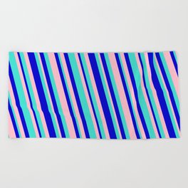 [ Thumbnail: Turquoise, Blue, and Pink Colored Lined/Striped Pattern Beach Towel ]
