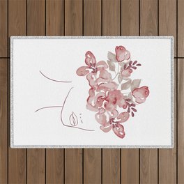Abstract Line Art Woman With Watercolor Flowers  Outdoor Rug