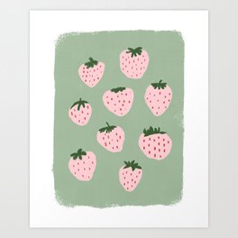 Sweet Strawberries - Pink on Green Art Print