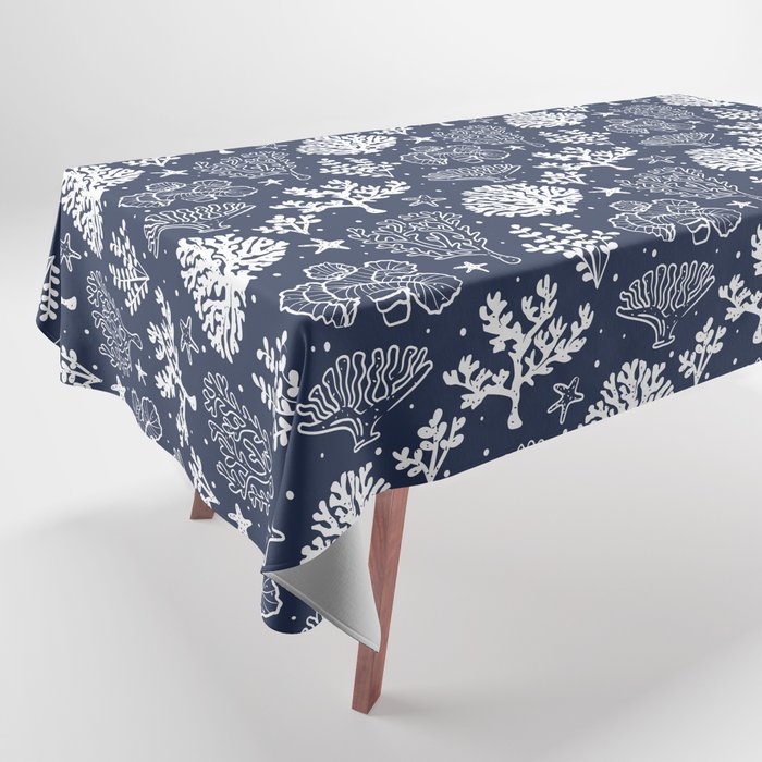 Navy Blue And White Coral Silhouette Pattern Tablecloth