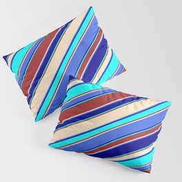 [ Thumbnail: Eye-catching Brown, Bisque, Royal Blue, Dark Blue & Cyan Colored Lined/Striped Pattern Pillow Sham ]