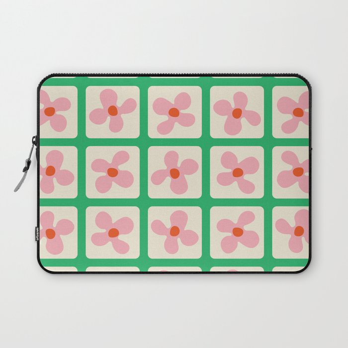 Retro Flowers Pattern - Green Pink Laptop Sleeve