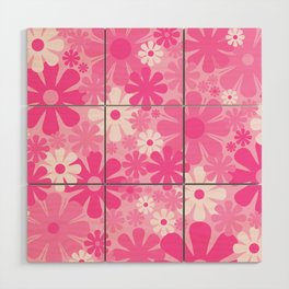 Retro 60s 70s Aesthetic Floral Pattern in Bright Deep Pink Wood Wall Art