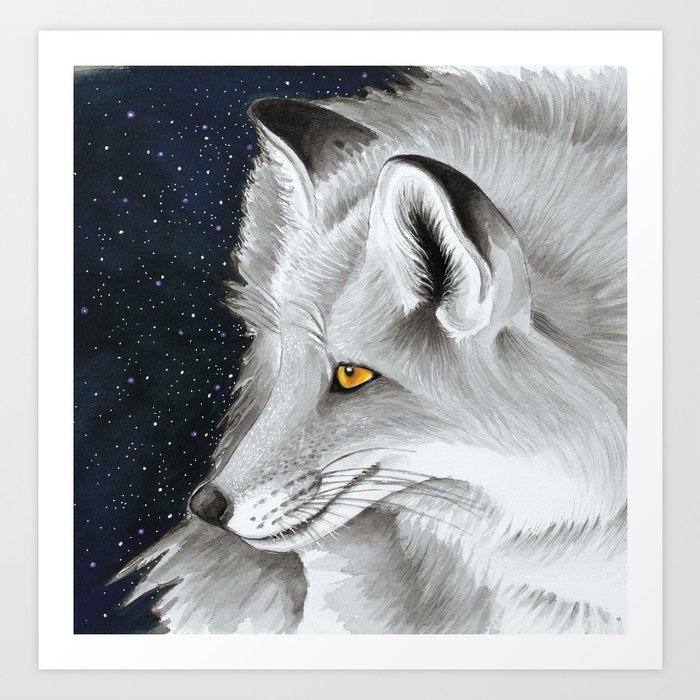Silver Fox Galaxy Stars Nebula Watercolor Art Art Print