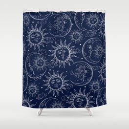 Blue Magic Celestial Sun Moon Stars Shower Curtain