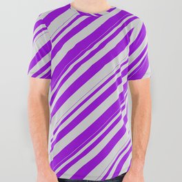 [ Thumbnail: Dark Violet and Light Gray Colored Lines Pattern All Over Graphic Tee ]