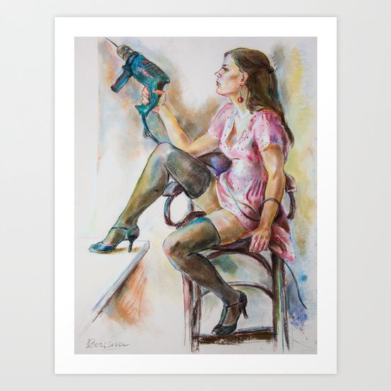 girl with a drill Art Print