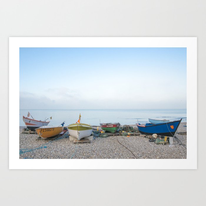 Small fishing boats on a Normandy beach - coastal summer sea - france nature and travel photography Art Print