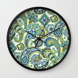 Blue and Green Paisley Wall Clock | Olivegreen, Abstract, Turquoise, Paisley, Whiteflowers, Traditional, Classicpaisley, Aqua, Mintgreen, Jacobean 