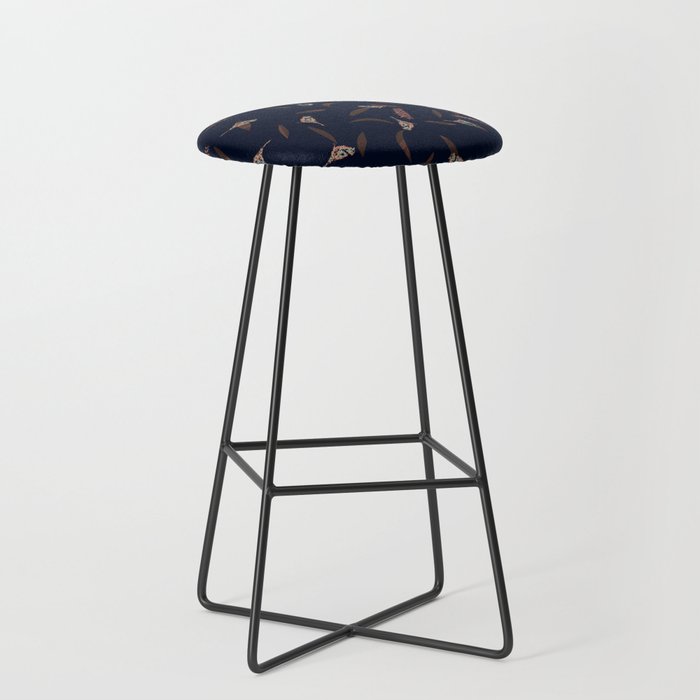 Graphic Birds and Leaves Brown and Navy Blue Bar Stool