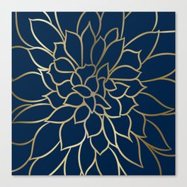 Floral Prints, Line Art, Navy Blue and Gold Canvas Print