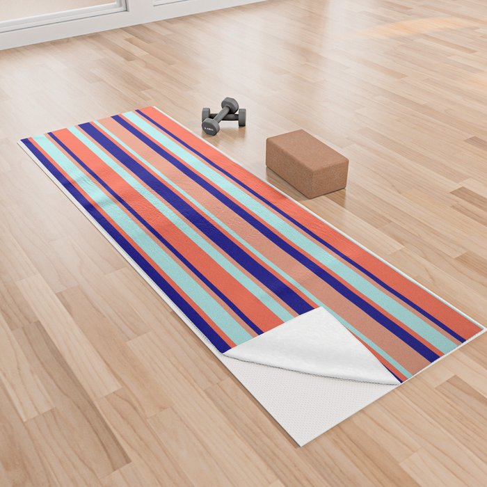Blue, Dark Salmon, Turquoise, and Red Colored Striped/Lined Pattern Yoga Towel