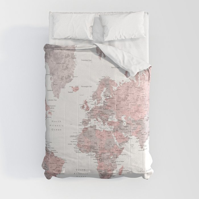 Make memories - Dusty pink and grey watercolor world map, detailed Comforter
